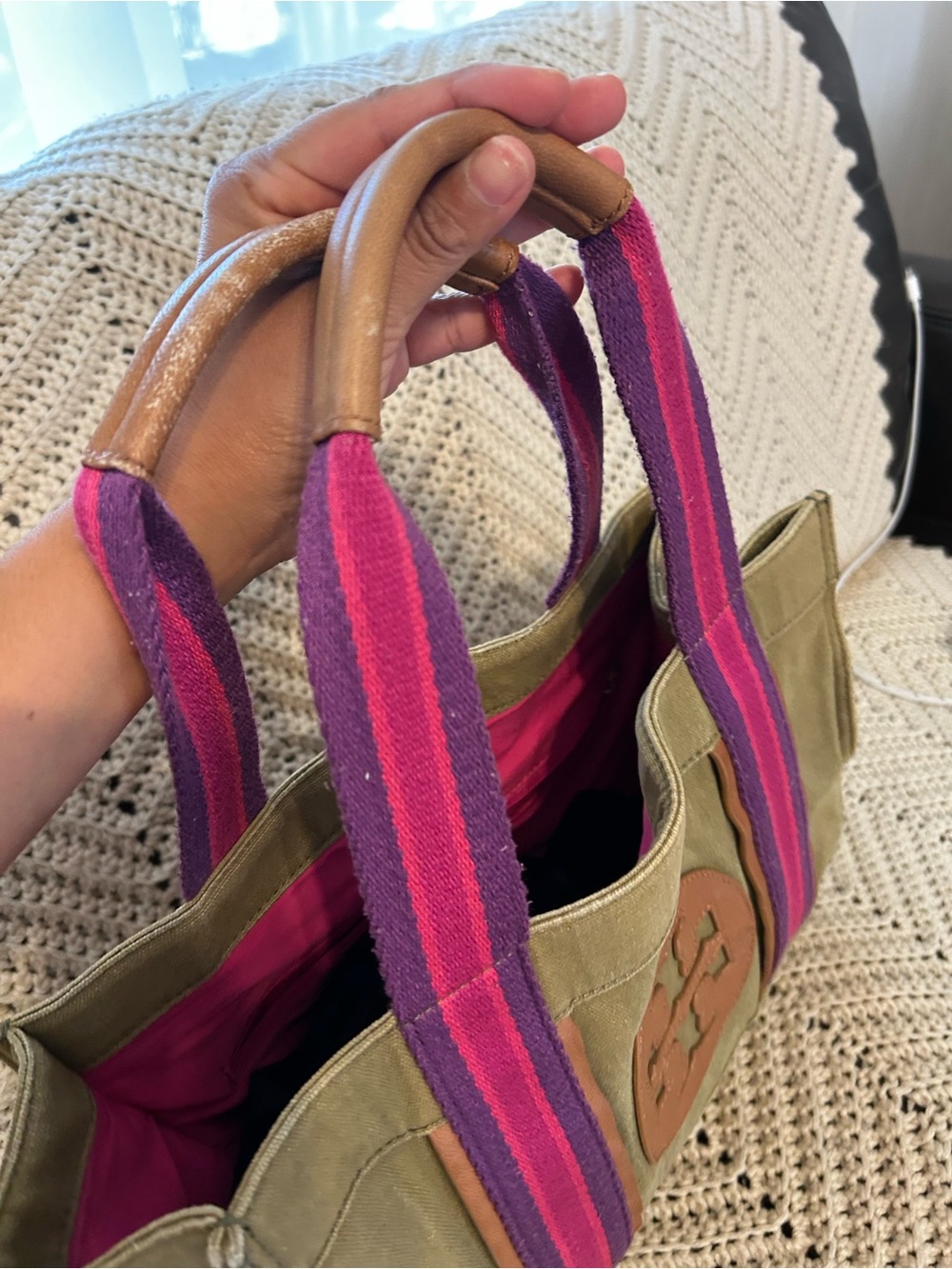 Tory Burch Olive Canvas Tote with Pink & Purple Stripe Handles - Picture 6 of 10
